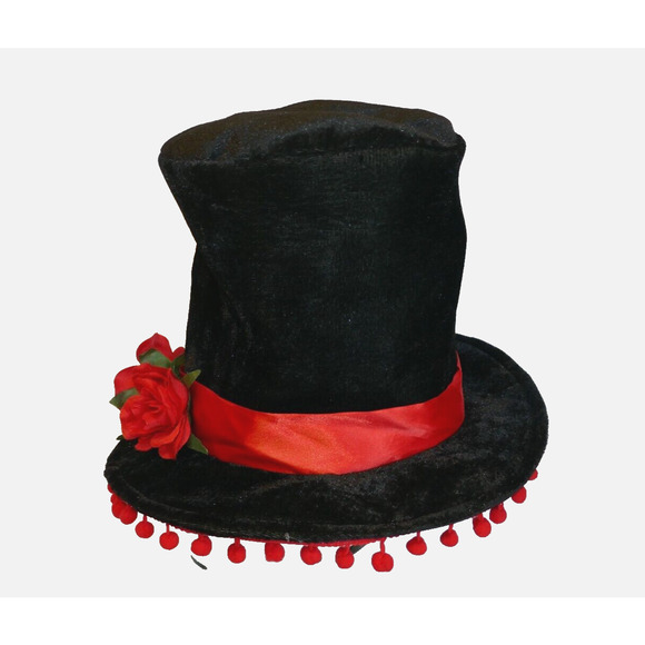 Day of The Dead Black Costume Hat with Red Flowers and Ribbon - Picture 4 of 10
